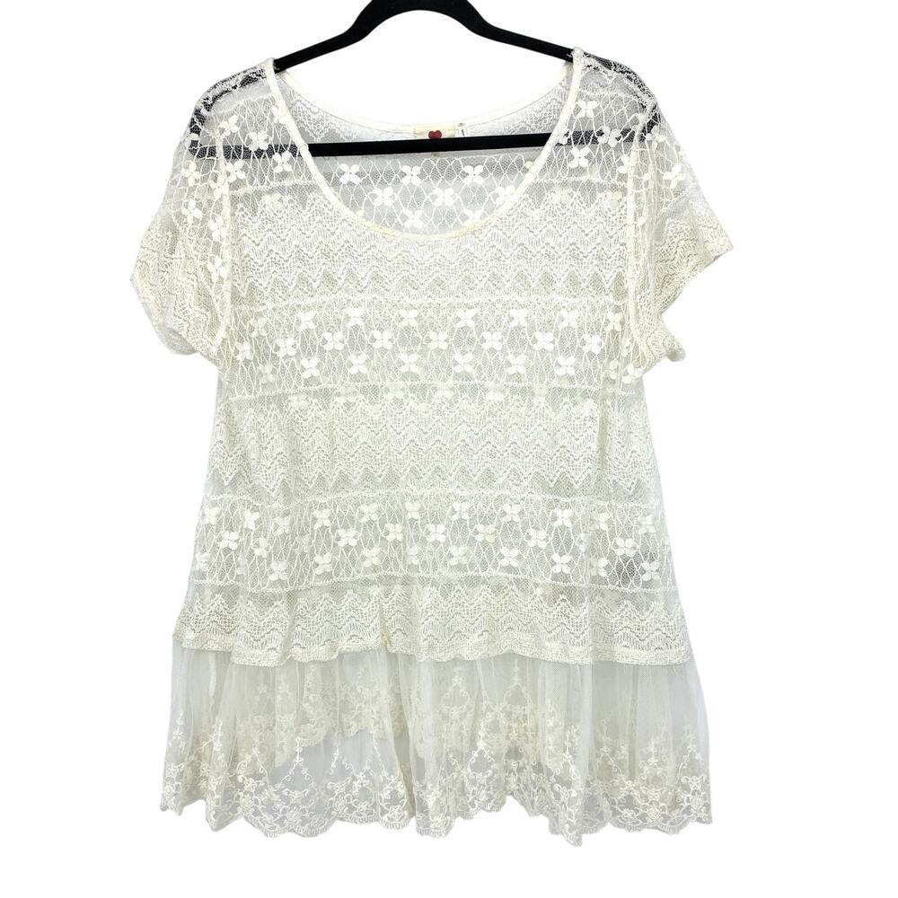 One Clothing Short Sleeve Sheer Mixed Lace Top Womens Size 1X White